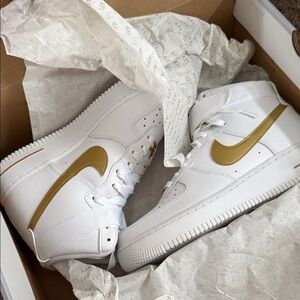 NWT Nike AF1 Gold and White High-Top Sneakers
